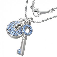 Necklace - round padlock with key and blue zircons
