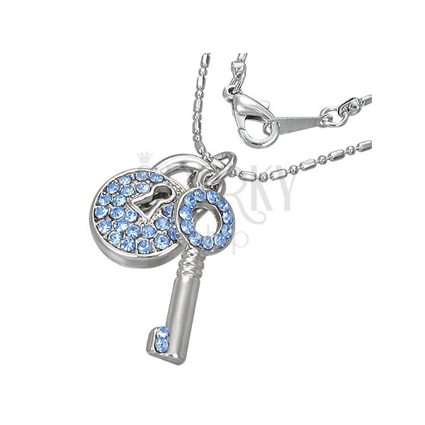 Necklace - round padlock with key and blue zircons