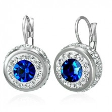 Earrings made of 316L steel with small zircons and a big blue zircon