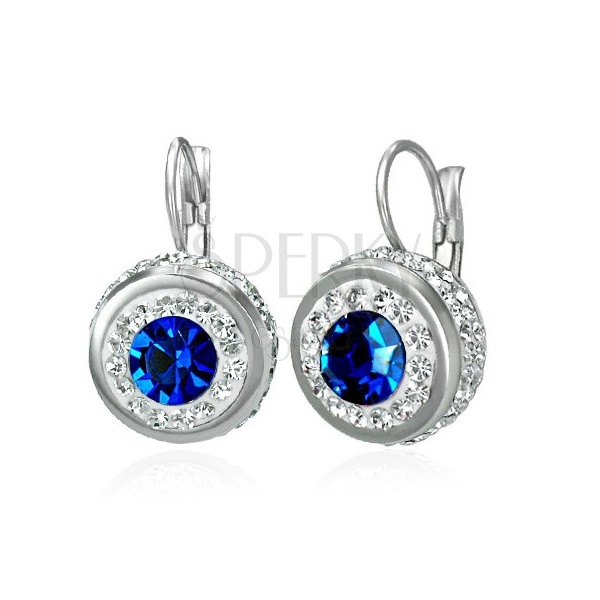 Earrings made of 316L steel with small zircons and a big blue zircon