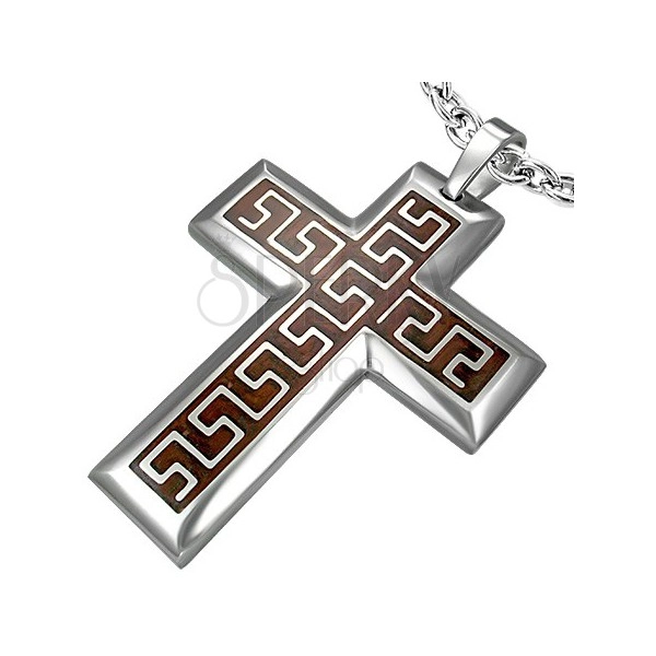 Steel cross pendant with Aztec pattern on brown background