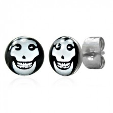 Steel earrings, white skull in black circle, glaze