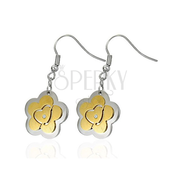Steel earrings - flower with golden heart and zircons