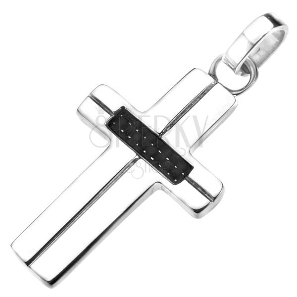 Stainless steel pendant - cross with grooves, carbon structure