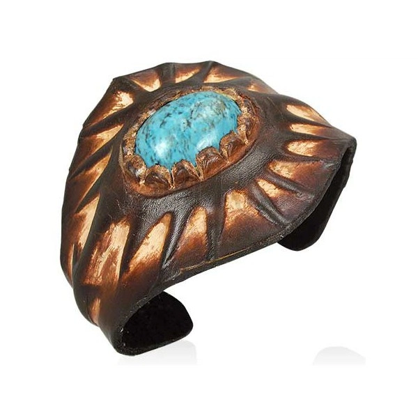 Flexible leather bracelet with turquoise stone, sun and arrows