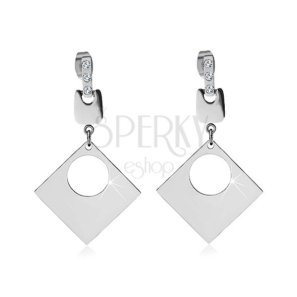 Earrings made of surgical steel - three clear zircons, shiny square with round cutout 