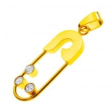 Stainless steel pendant - safety pin with three zircons, gold