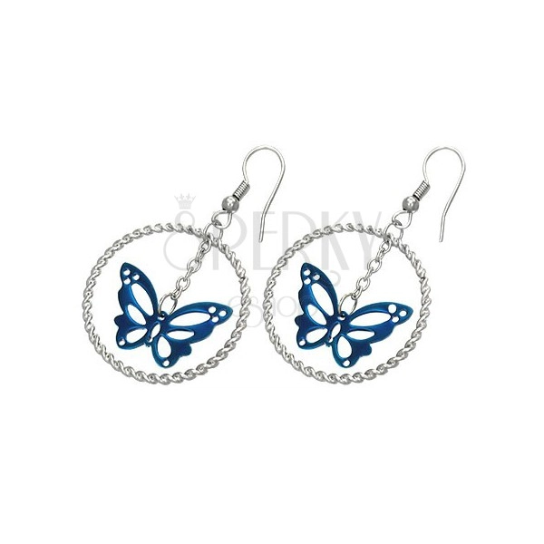 Steel earrings in silver colour, blue butterfly in circle, hooks