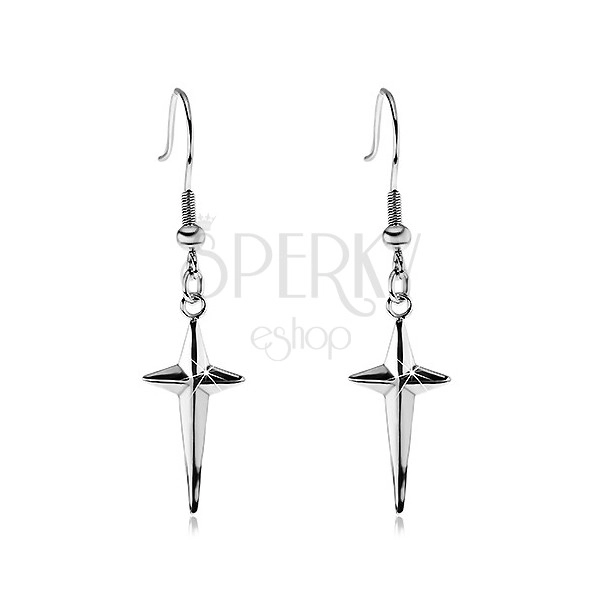 Steel earrings, silver colour, shiny dangling cross with narrow arms