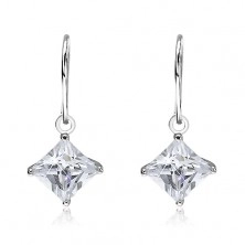 Silver dangling earrings 925 - rhombus zircon in mount, 7 mm