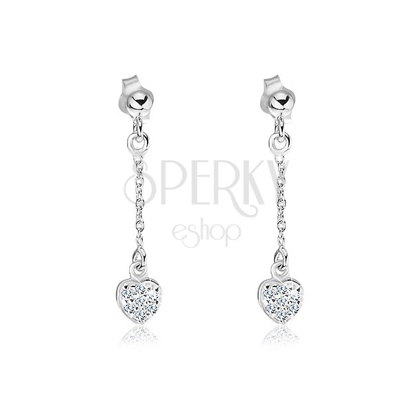 Silver stud earrings 925 - zirconic hearts on chain