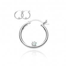 Silver round earrings 925 - smooth, with zircon on hoop
