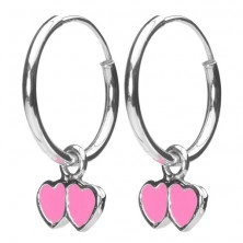 Earrings made of 925 silver - small circles with pink hearts, 12 mm