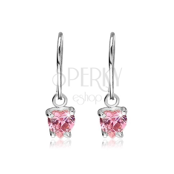 Earrings made of 925 silver - pink zirconic hearts on hook, 5 mm