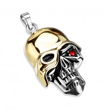 Steel pendant - patinated skull with golden helmet, red zircon