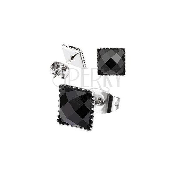 Steel earrings - square embedded zircon, stud closure
