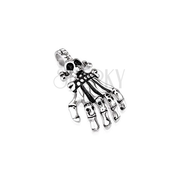 Steel pendant - skeleton hand in shape of skulls, patinated