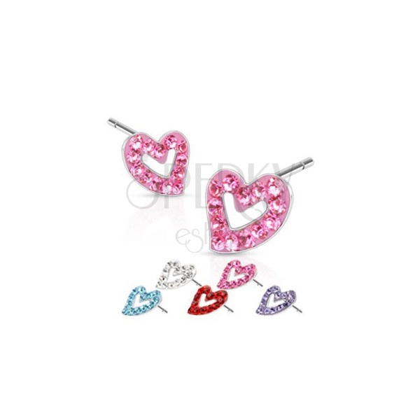 Steel earrings - colourful, asymmetric and zirconic hearts