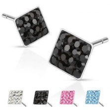 Steel earrings - squares with embedded zircons, 6 mm