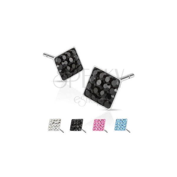 Steel earrings - squares with embedded zircons, 6 mm