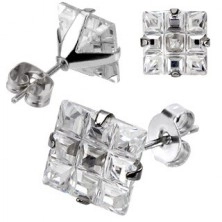 Steel stud earrings - polished, square zircon