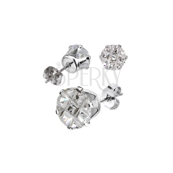 Steel earrings - round polished zircon, stud closure