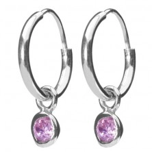 Silver earrings 925 - small circles, pink zirconic pendant