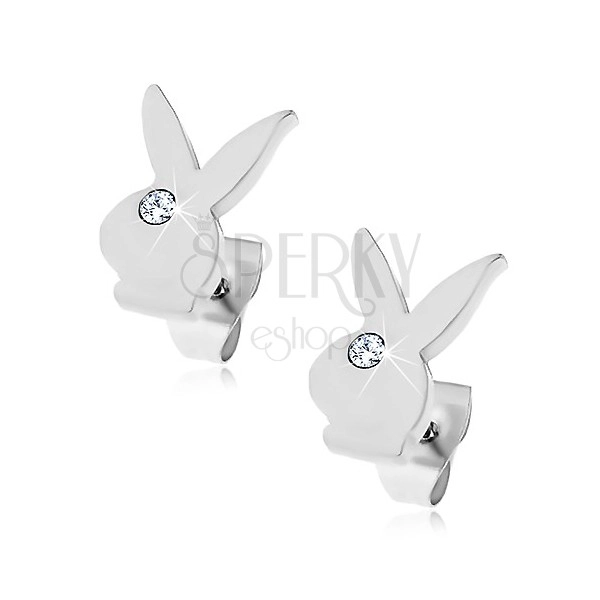 Earrings made of surgical steel - head of a bunny, clear zircon