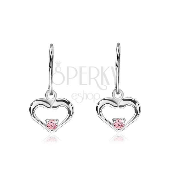 Silver earrings 925 - dangling hearts with pink zircon in middle
