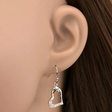 Silver earrings 925 - extended hearts with zircons, side eyelets