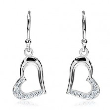 Silver earrings 925 - extended hearts with zircons, side eyelets