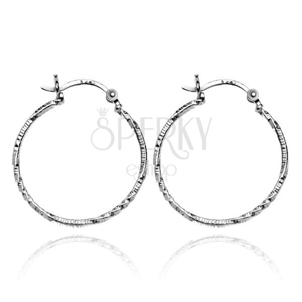 Earrings made of 925 silver - twisting circles with fine notches, 25 mm