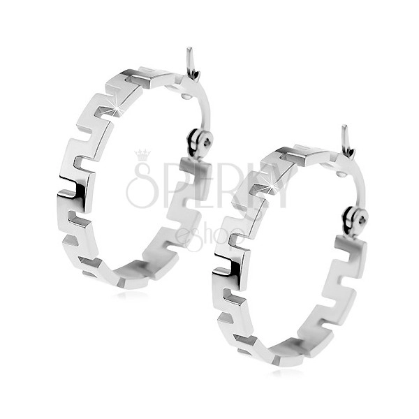 Steel earrings in silver colour, circles with pattern of Greek key