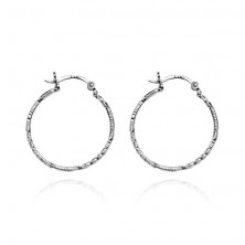 Round silver earrings - twisted line with notches, 20 mm