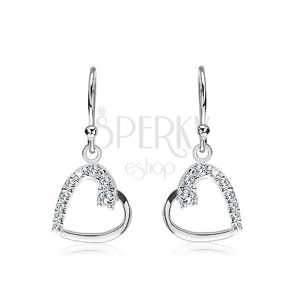 Silver earrings 925 - heart line with zircons, side attachment