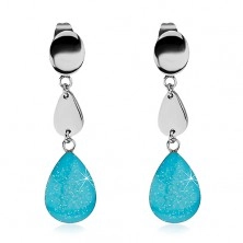 Steel earrings with teardrops, sparkly blue glaze, studs