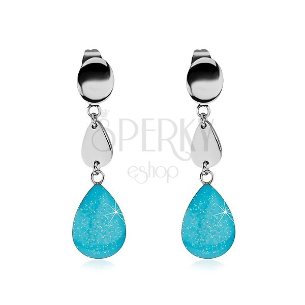 Steel earrings with teardrops, sparkly blue glaze, studs