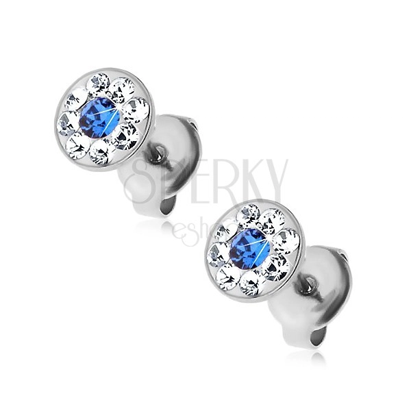 Earrings made of 316L steel with blue and clear Swarovski crystals, studs