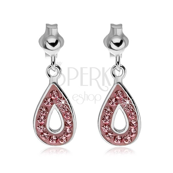 Silver earrings 925 - dangling tear with pink zircons
