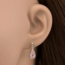 Silver earrings 925 - dangling tear with pink zircons