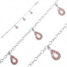 Bracelet made of 925 silver - three tear-shaped pendants, pink zircons