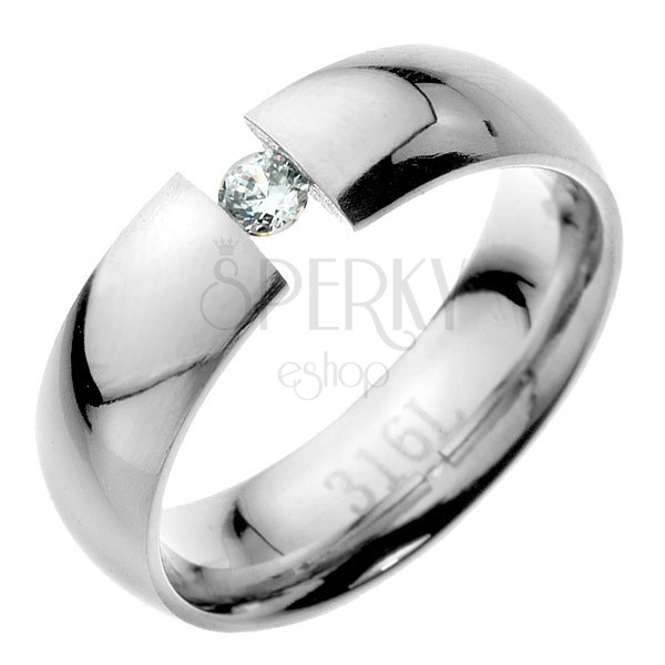 Steel ring with shine joined with zircon in middle