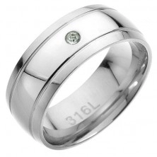 Steel ring - two parallel stripes, clear zircon in middle
