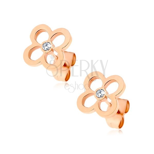 Steel earrings - contour of flower in copper colour with zircon in the middle