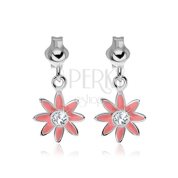 Silver stud earrings 925 - pink ox-eye daisies with zircon