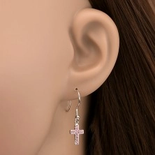 Silver dangling earrings 925 - cross with pink zircons