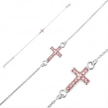 Silver bracelet, 925 - cross with pink zircons