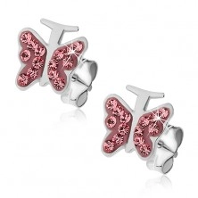 Silver earrings 925 - pink butterfly with zircons