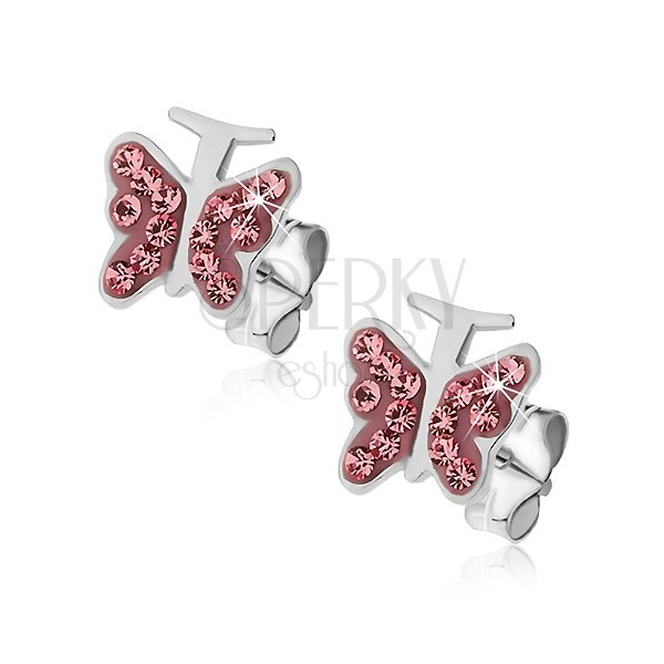 Silver earrings 925 - pink butterfly with zircons