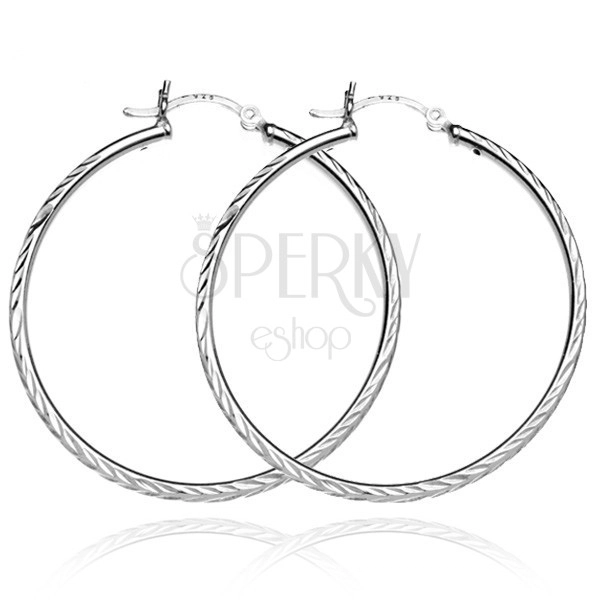 Earrings made of 925 silver - circles with engraved leafs, 40 mm